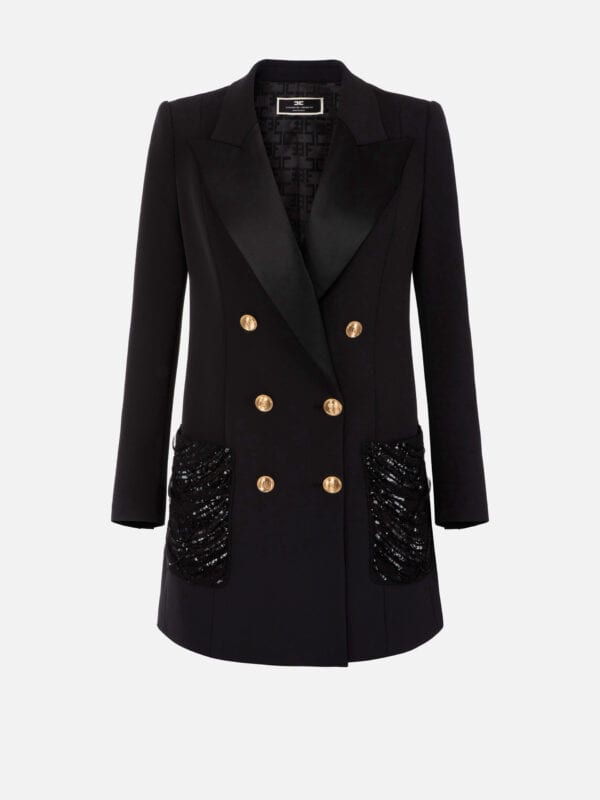 Coat dress in double layer crêpe fabric with embroidered pockets